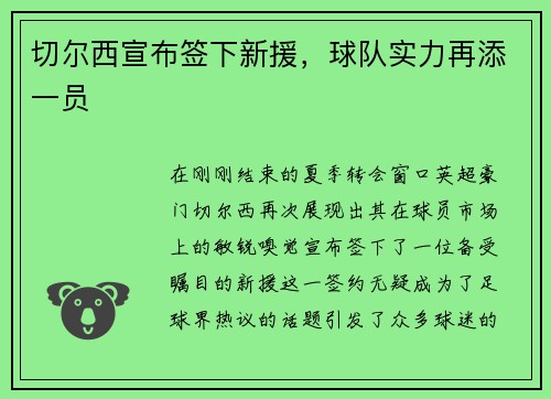 切尔西宣布签下新援，球队实力再添一员