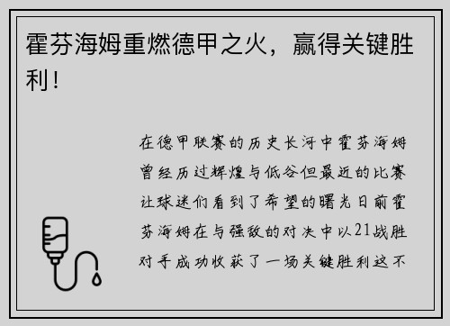 霍芬海姆重燃德甲之火，赢得关键胜利！